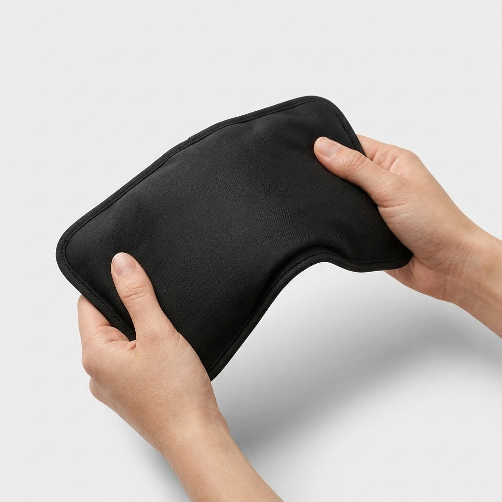 Flexible gel pack bent between two hands