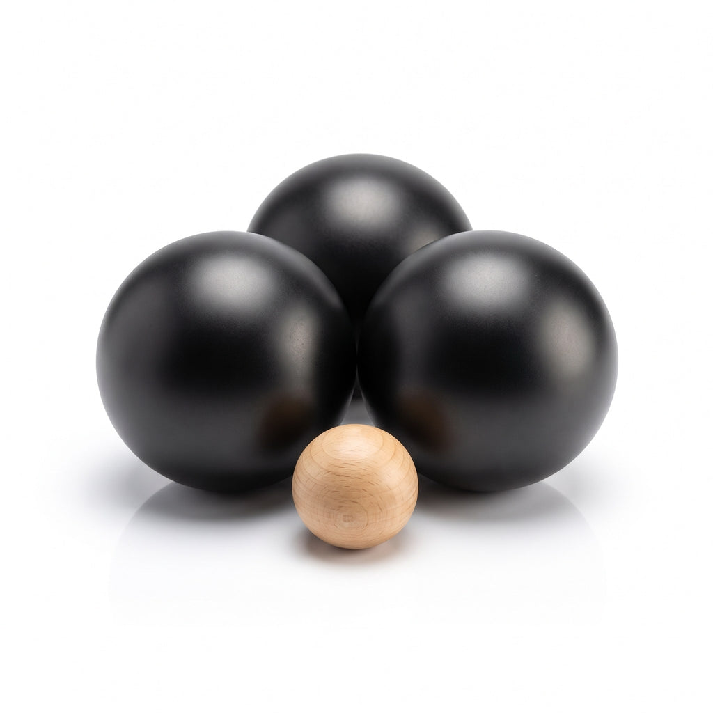 Set of three smooth black satin pétanque balls with a wooden jack