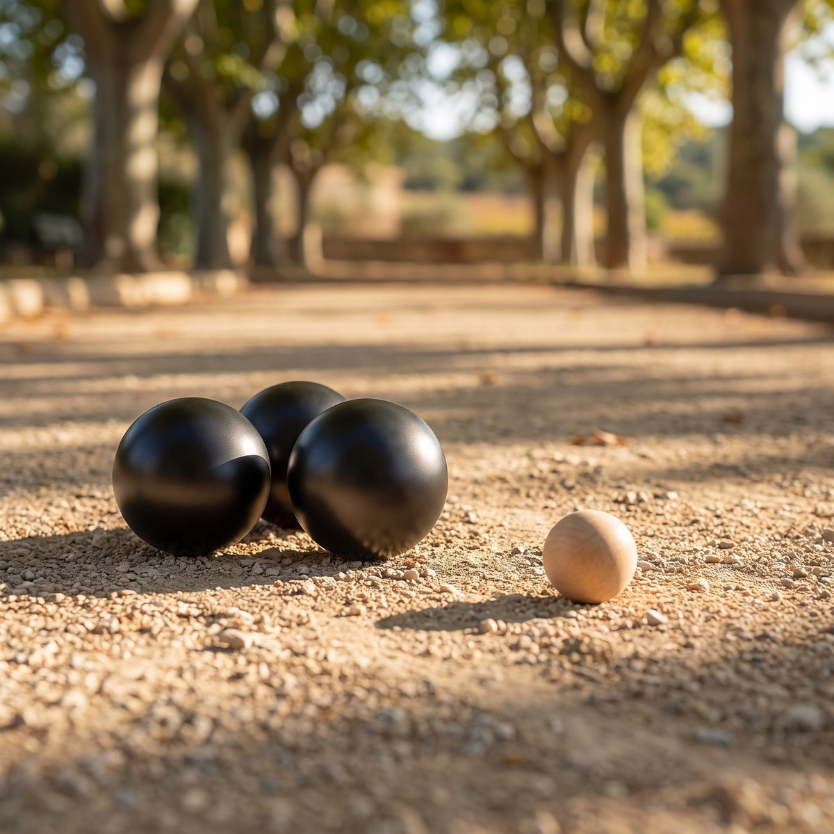 Pétanque balls and jack on a gravel court
