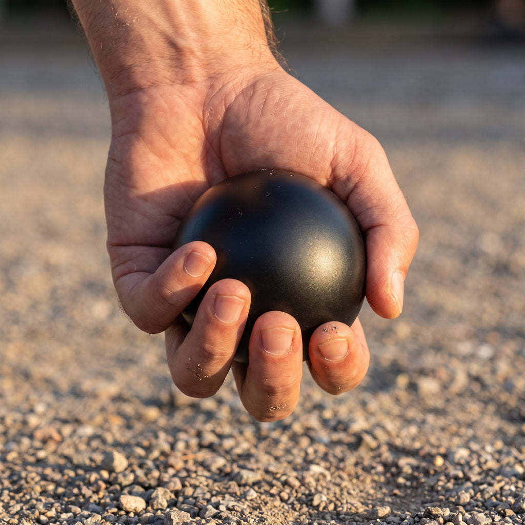 Hand holding a black satin pétanque ball