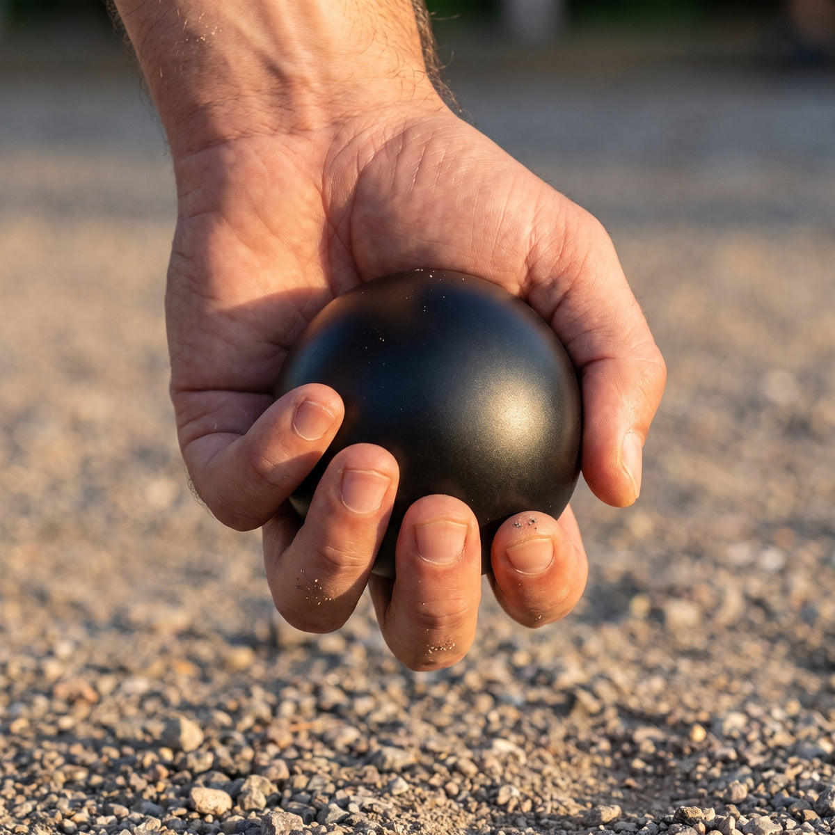Hand holding a black satin pétanque ball