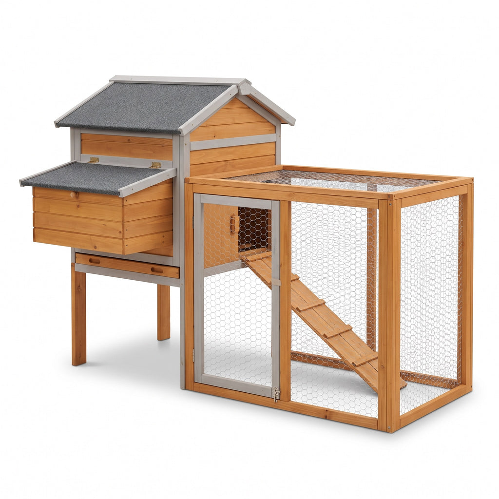 Wooden chicken coop with run, front three-quarter view
