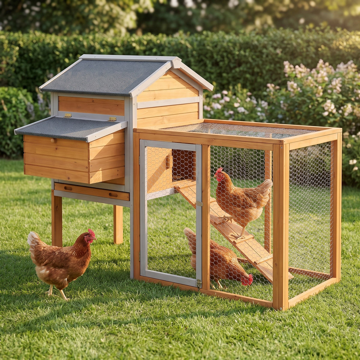 Wooden chicken coop with hens in a garden